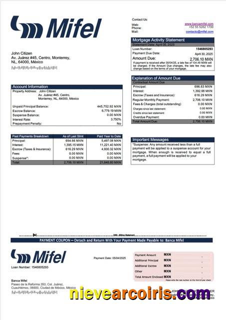 Mexico Banca Mifel mortgage statement Word and PDF template